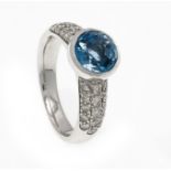 Blautopas-Brillant-Ring WG 750/000 mit einem rund fac. Blautopas 7,5 mm und Brillanten,zus. 0,63