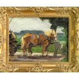 Deutscher Impressionist Anfang 20. Jh., Pferdegespann vor einem Bock stehend, Öl mitbreiten,
