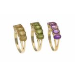 Ring-3er-Set GG 585/000 mit jeweils 5 oval fac. Amethysten, Citrinen oder Peridots 6 x 4,3mm in