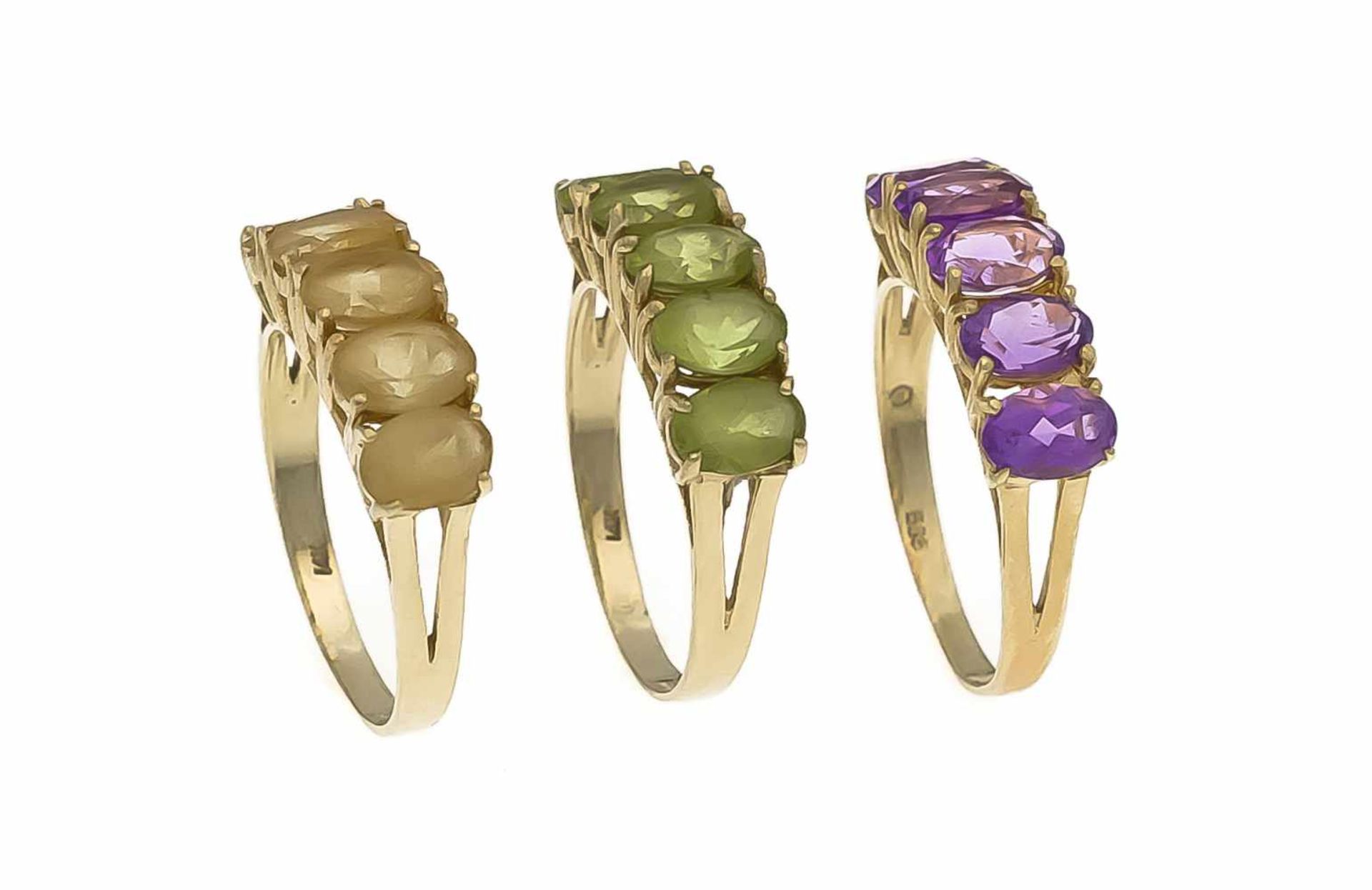 Ring-3er-Set GG 585/000 mit jeweils 5 oval fac. Amethysten, Citrinen oder Peridots 6 x 4,3mm in