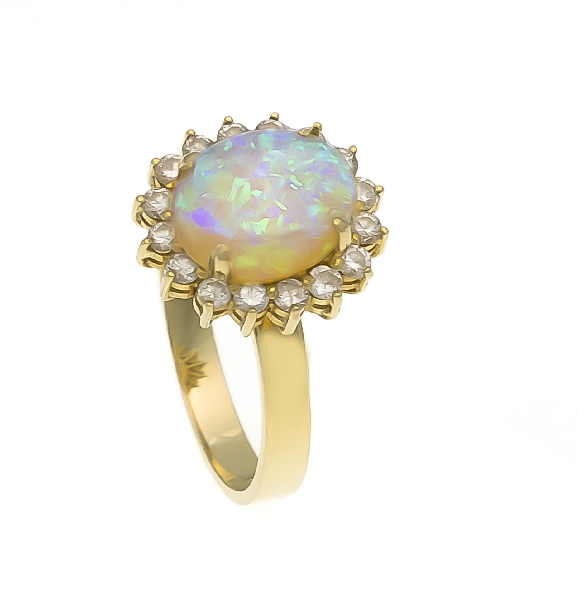 Opal-Brillant-Ring GG 750/000 mit einem ovalen Opal-Cabochon 11,0 x 9,4 mit schönem,blau-grünen