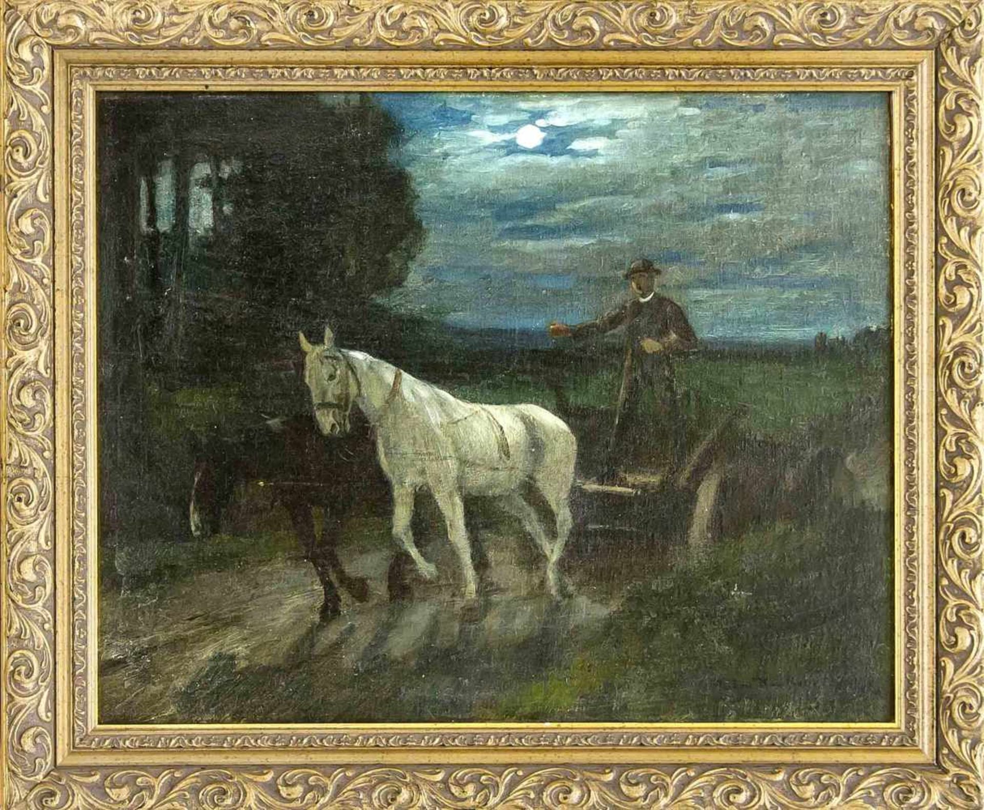 Anton Kaulbach (1864-1930), Bauer kehrt in einer Vollmondnacht mit seinen Pferden vom Feldheim, Öl