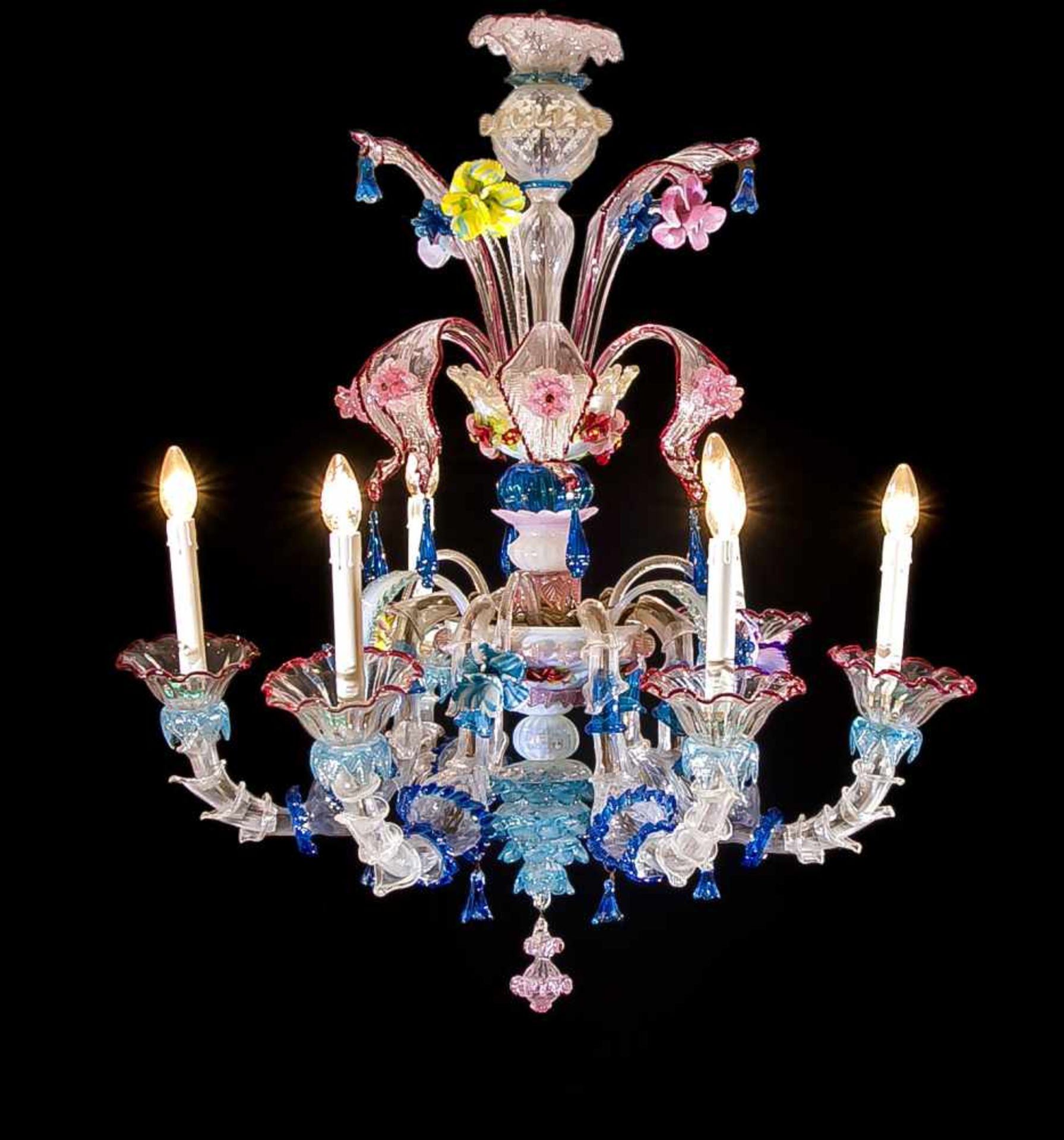 Murano-Deckenlampe, Italien, 2. H. 20. Jh., elektr., 6-flg., klares, farbiges und opalinesGlas,