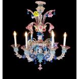 Murano-Deckenlampe, Italien, 2. H. 20. Jh., elektr., 6-flg., klares, farbiges und opalinesGlas,