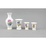 Vier Vasen, Meissen, 1950er Jahre, 1. W., polychrome Blumenmalerei, Goldränder, 1Balustervase, H.