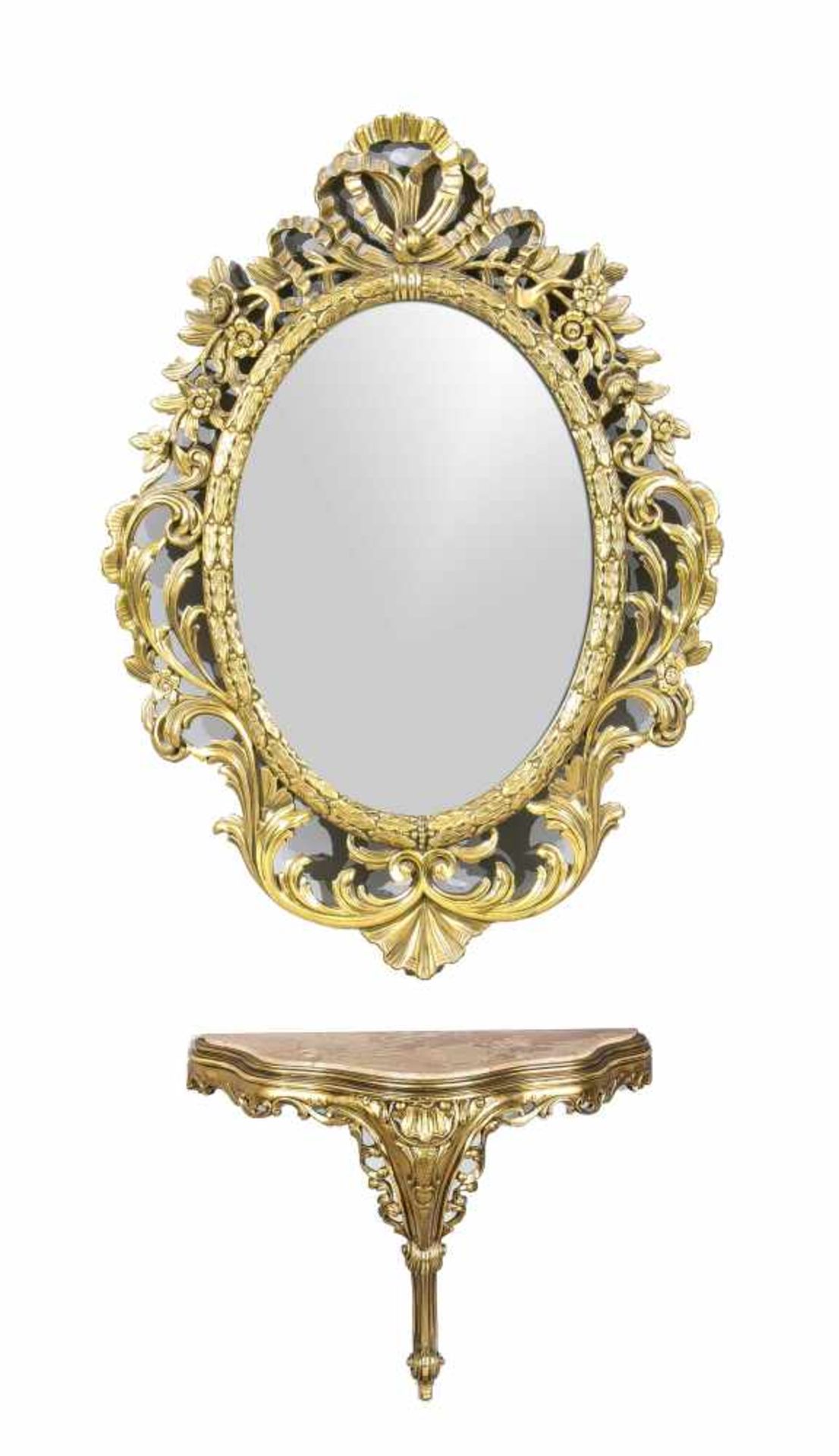 Spiegel mit Konsole, Ende 20. Jh., Holz durchbrochen geschnitzt und vergoldet, ovalerSpiegel mit