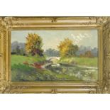 Ludwig von Andok (1890-1981), impressionistische Landschaft mit Brücke im Hintergr., Ölauf Lwd.,