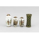 4 Vasen Japan, 20. Jh., 3 x Satsuma, 1 x monochrom grün mit Metallmontierung, bis 15 cm4 vases