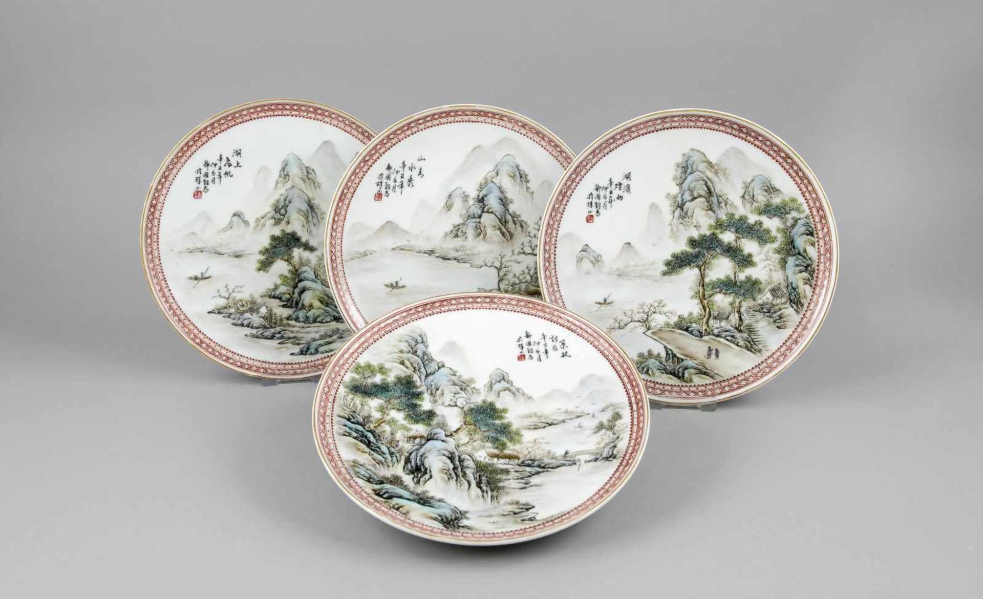 4 Teller mit Landschaften, China 20. Jh., Ø 23,5 cm4 plates with landscapes, China, 20th cent., Ø