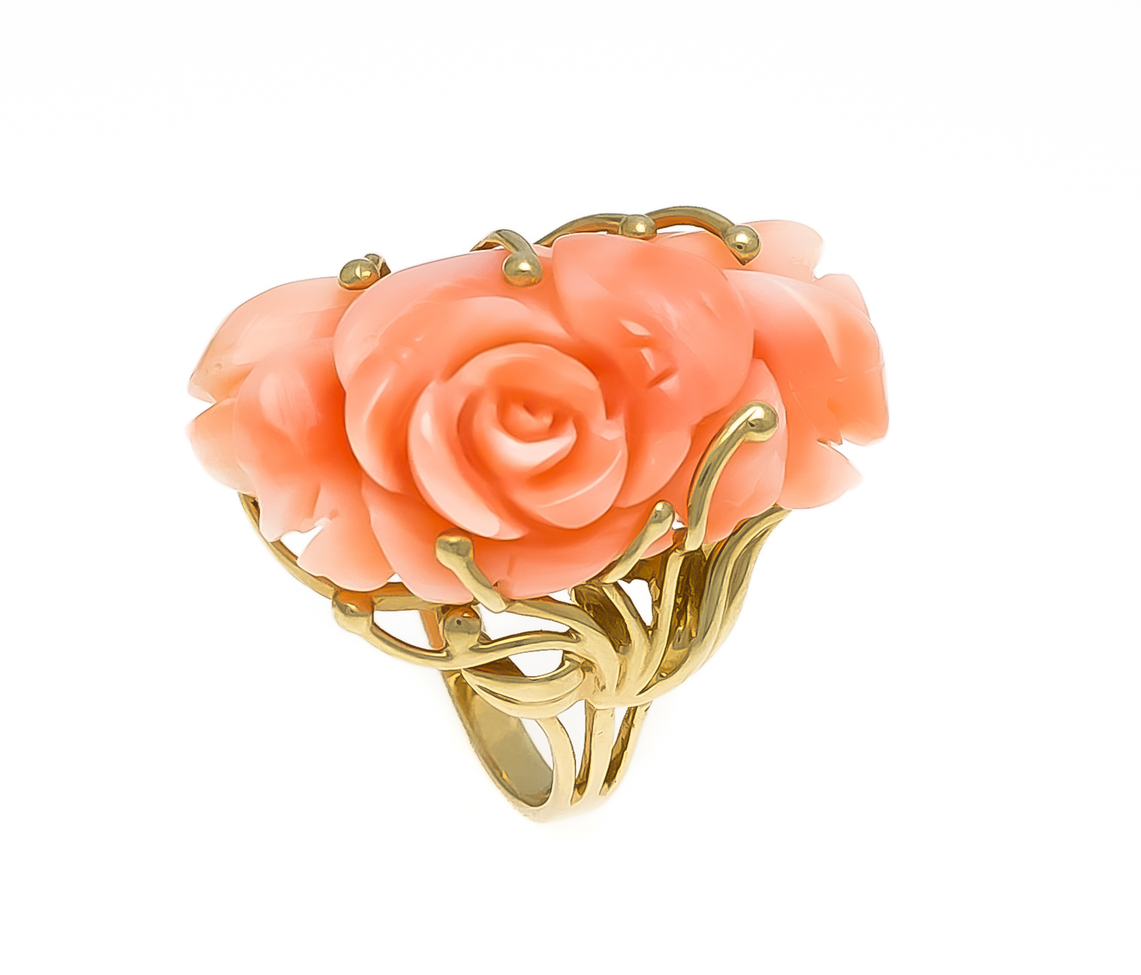 Engelshaut-Korallen-Ring GG 585/000 mit einer feingeschnitzten Engelhaut-Korallen-Rose 28mm, RG