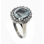 Aquamarin-Brillant-Ring WG 585/000 mit einem oval fac. Aquamarin 3,80 ct in einem hellenBlau und