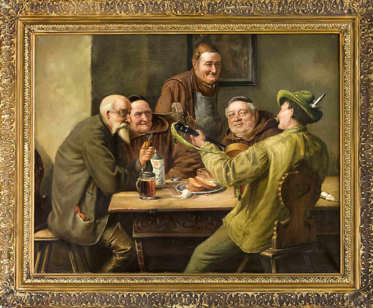 G. Harder, Münchner Genremaler Anfang 20. Jh., Mönche und Jäger amüsieren sich bei derBrotzeit, Öl