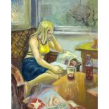 Zeitgenössischer deutscher Maler, großes Interieur mit junger Frau bei derZeitschriftenlektüre an