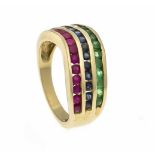 Multicolor-Ring GG 585/000 mit rund fac. Rubinen, Smaragden und Saphiren 2 mm in gutenFarben, RG 56,