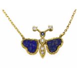 Brillant-Lapislazuli-Schmetterlings-Collier GG 585/000 ungest., gepr., mit 2Lapislazuli-Herzen,