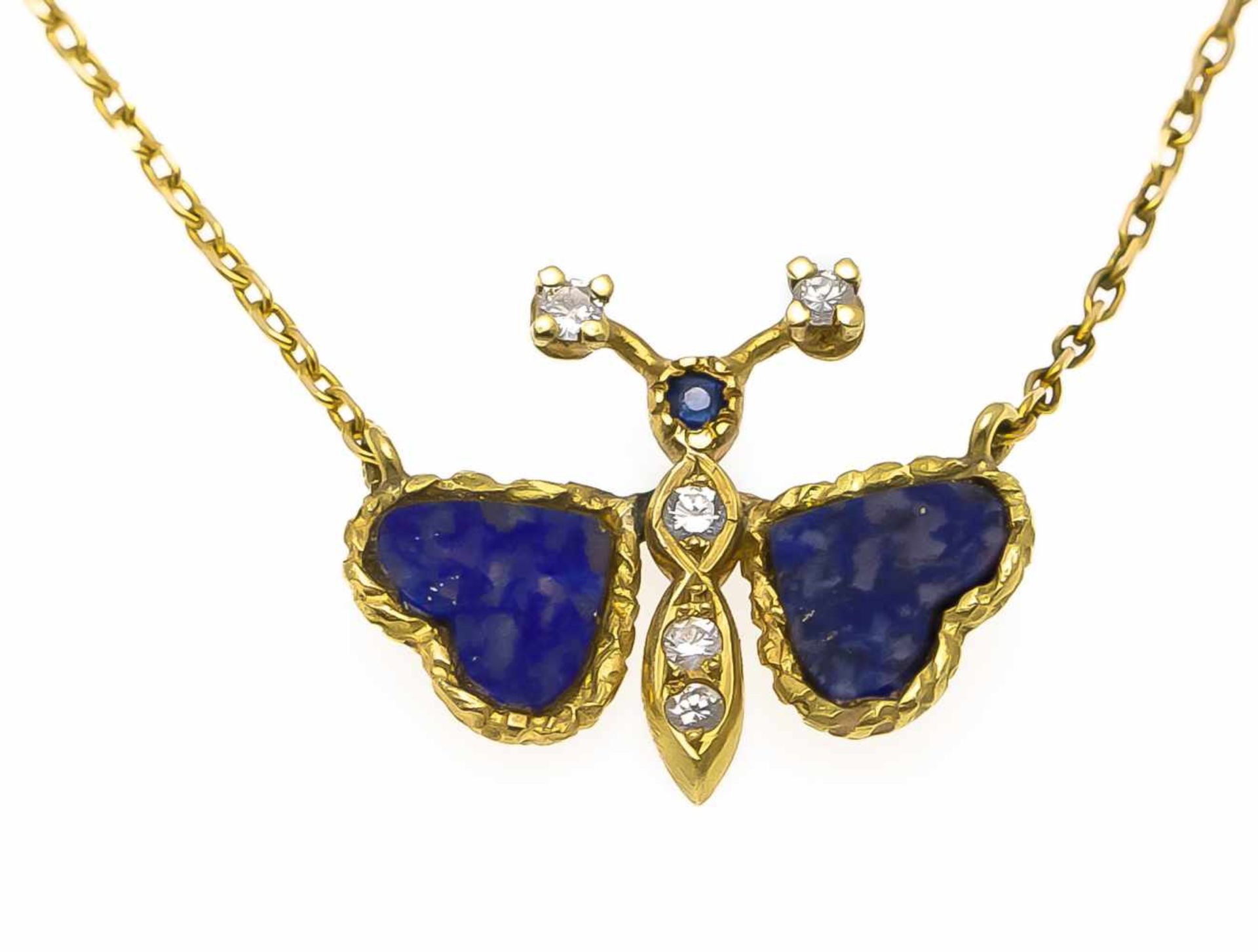 Brillant-Lapislazuli-Schmetterlings-Collier GG 585/000 ungest., gepr., mit 2Lapislazuli-Herzen,