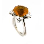 Citrin-Brillant-Ring WG 585/000 mit einem rund fac. Madeira-Citrin 12,2 mm und Brillanten,zus. 1,