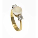 Akoya-Brillant-Ring GG 585/000 mit einer Akoya-Perle 7,6 mm und 2 Brillanten, zus. 0,50 ctl.get.W/