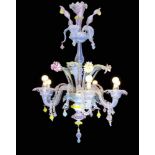 Murano-Deckenlampe, Italien, 2. H. 20. Jh., elektr., 6-flg., Opalglas, tlw. abgesetzt mitfarbigen