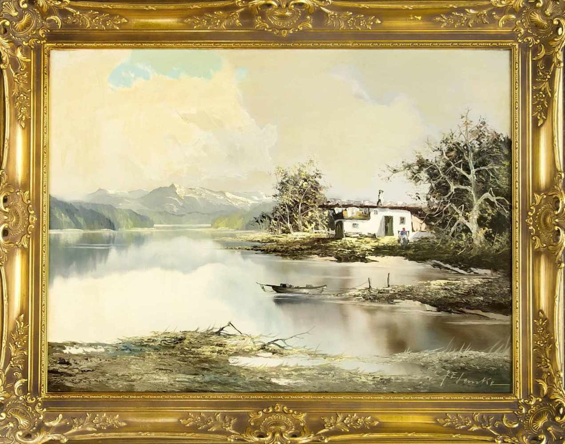 J.E. Lemke, Landschaftsmaler 2. H. 20. Jh., Haus am Seeufer im Alpenvorland, Öl auf Lwd.,u. re.