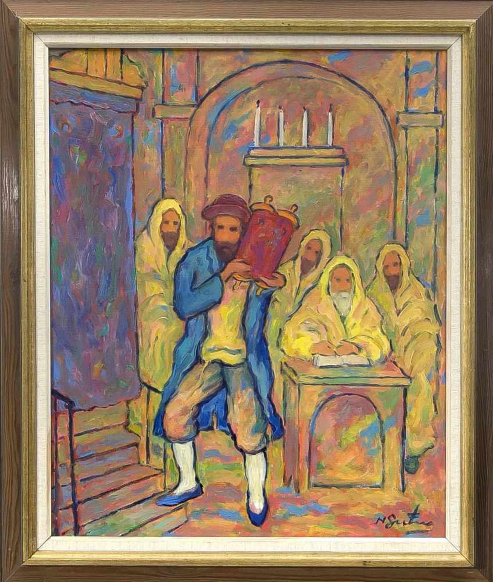 Judaica, unidentifizierter Maler 2. H. 20. Jh., expressive Darstellung einer feierlichenjüdischen