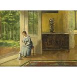 Reinhold de Witt (1863-1932), dt. Genremaler, Landhausinterieur mit junger Frau, die ihrenHund an