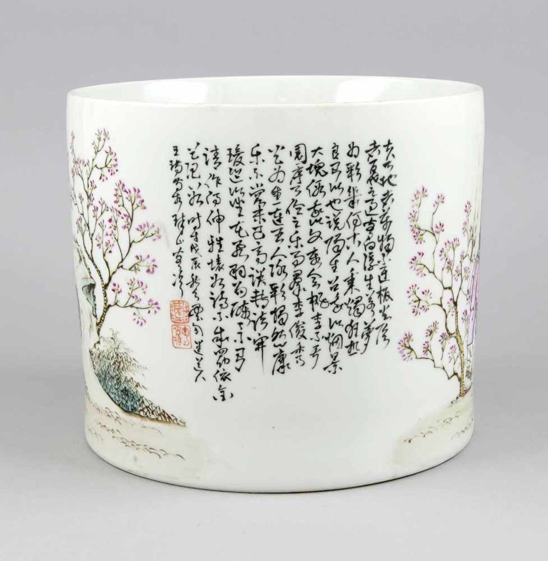 Famille-Rose-Cachepot, China, 20. Jh. in zylindrischer Form. Umlaufender Dekor mitGelehrten in einem - Bild 2 aus 3