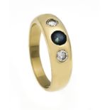 Saphir-Brillant-Ring GG 585/000 mit einem rund fac. Saphir 5 mm und 2 Brillanten, zus.0,36 ct W/