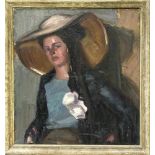 Anonymer Maler um 1900, Portrait einer Dame mit breitkrempigem Hut, Öl auf lwd., unsign.,75 x 70 cm,