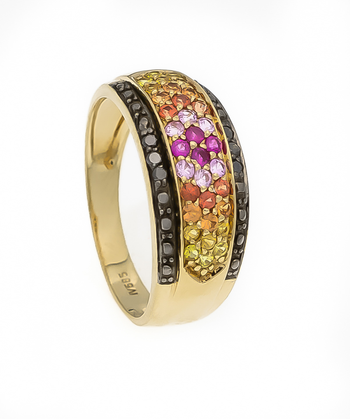 Multicolor-Saphir-Ring GG 585/000 mit rund fac., pinken, orangen und gelben Saphiren 1,8mm in sehr