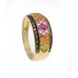 Multicolor-Saphir-Ring GG 585/000 mit rund fac., pinken, orangen und gelben Saphiren 1,8mm in sehr