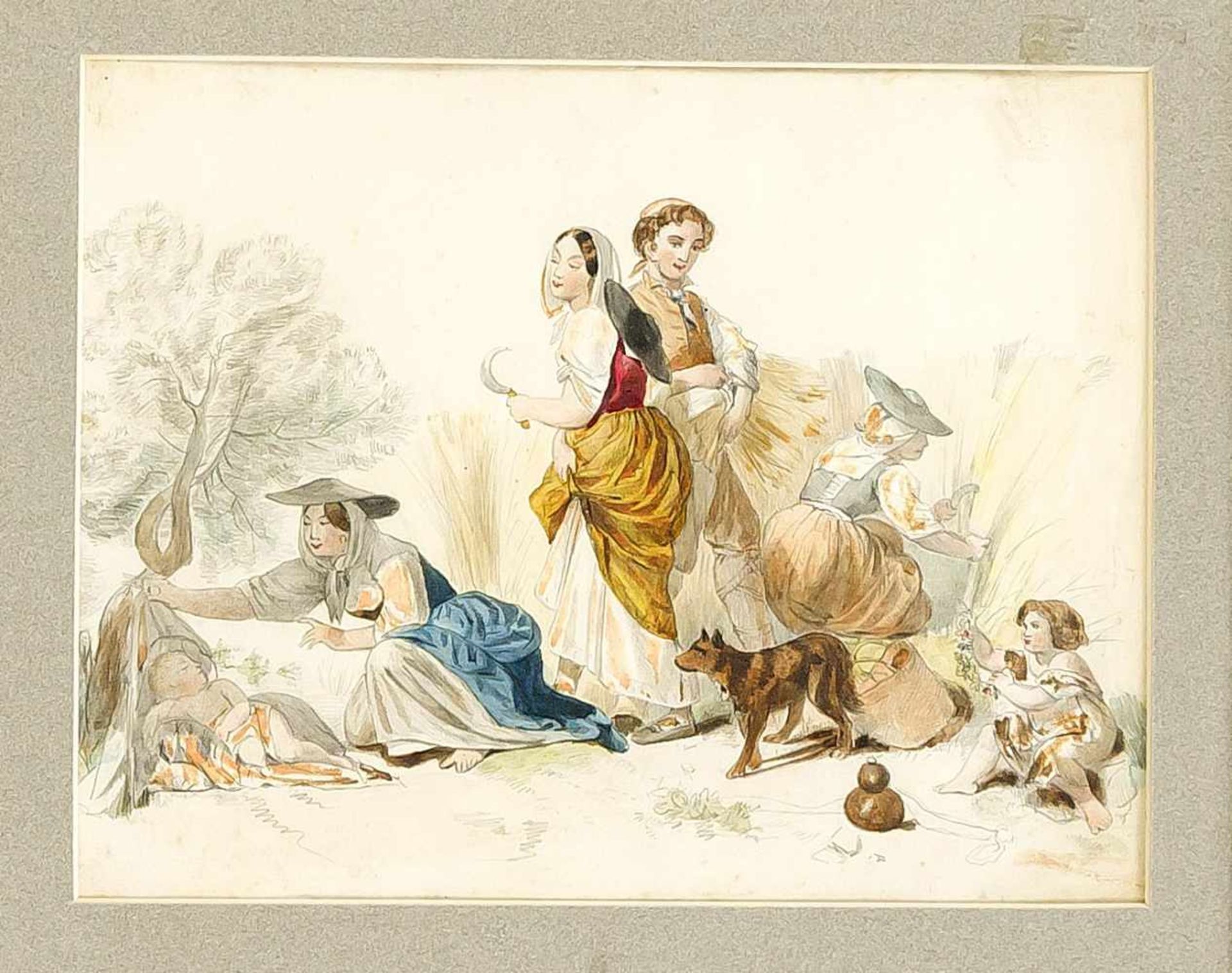 Anonymer Künstler um 1850, italienische Familie bei der Ernte, Aquarell über Bleistift aufVelin,