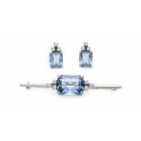 Edelstein-Set Silber 925/000 mit blauen und weißen fac. Edelsteinen, Brosche L. 61,4 mm,Ohrstecker