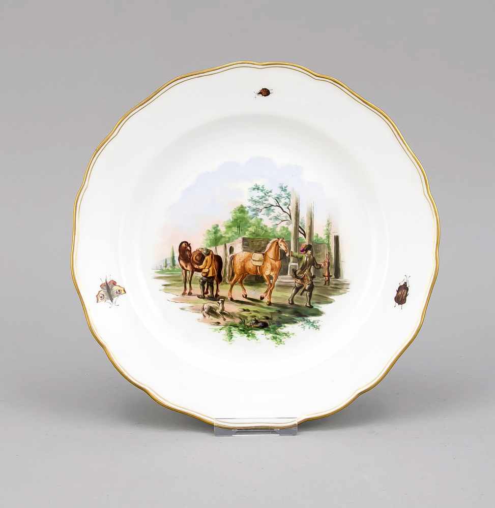 Teller, Meissen, Marke 1850-1924, 1. W., im Spiegel polychrome Malerei, verso bez. 'Wouwerman,