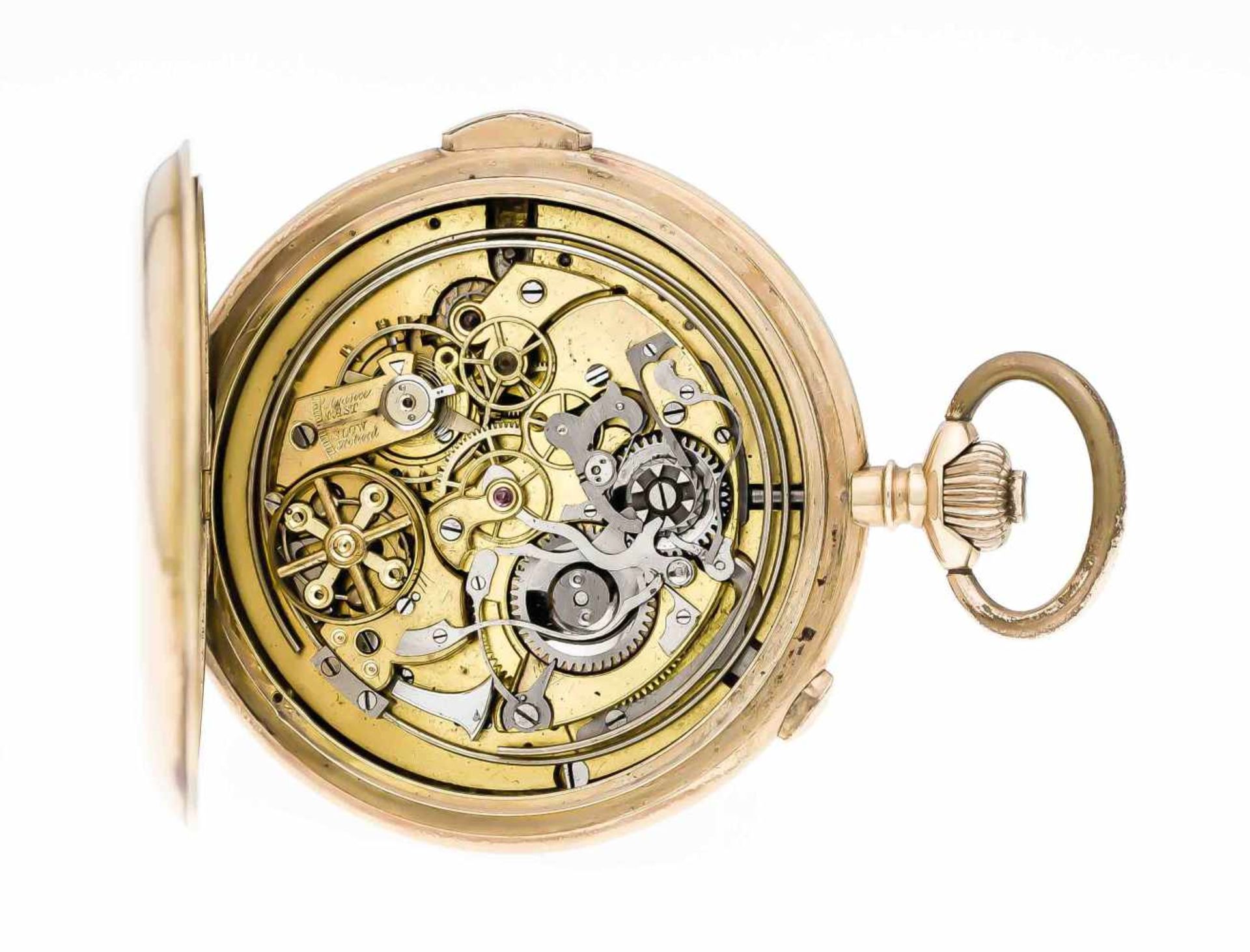 Herrentaschenuhr, GG 585 3 Deckel, 1/4 Std. Repetition und Chronograf, Uhr läuft tadelos,Scharnier - Image 2 of 2