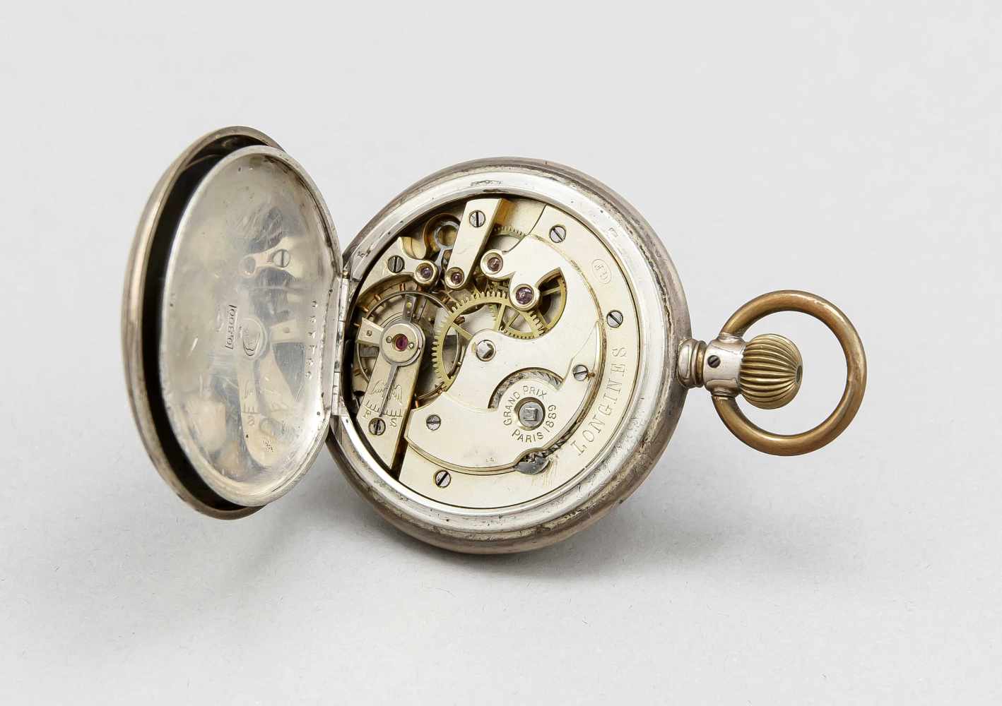 Uhrenständer mundgeblasenes Glas Höhe 14cm, mit 800 er silberner Sprungdeckel TaschenuhrLongines - Image 2 of 2