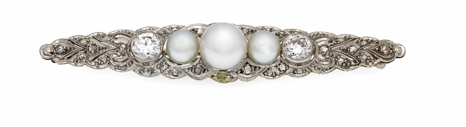 Art Deco Altschliff-Diamant-Perlen-Brosche WG 585/000 mit 2 Altschliff-Diamanten, zus.0,90 ct TW-W/
