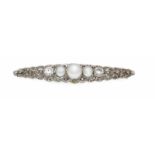 Art Deco Altschliff-Diamant-Perlen-Brosche WG 585/000 mit 2 Altschliff-Diamanten, zus.0,90 ct TW-W/