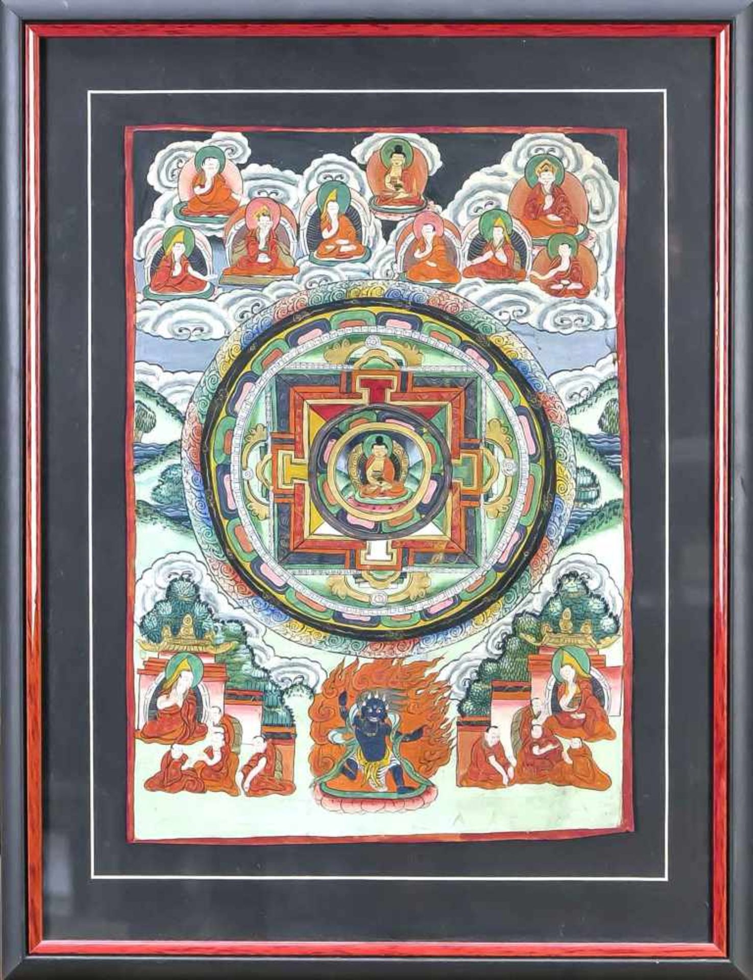 Thangka mit zentralem Mandala, Tibet, wohl 19. Jh., polychrome Pigmentmalerei aufLeinwand/Stoff,
