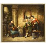 Unidentifizierter Maler 2. H. 20. Jh., drei Männer im Stil des 17. Jh. in einemWeinkeller, Öl auf