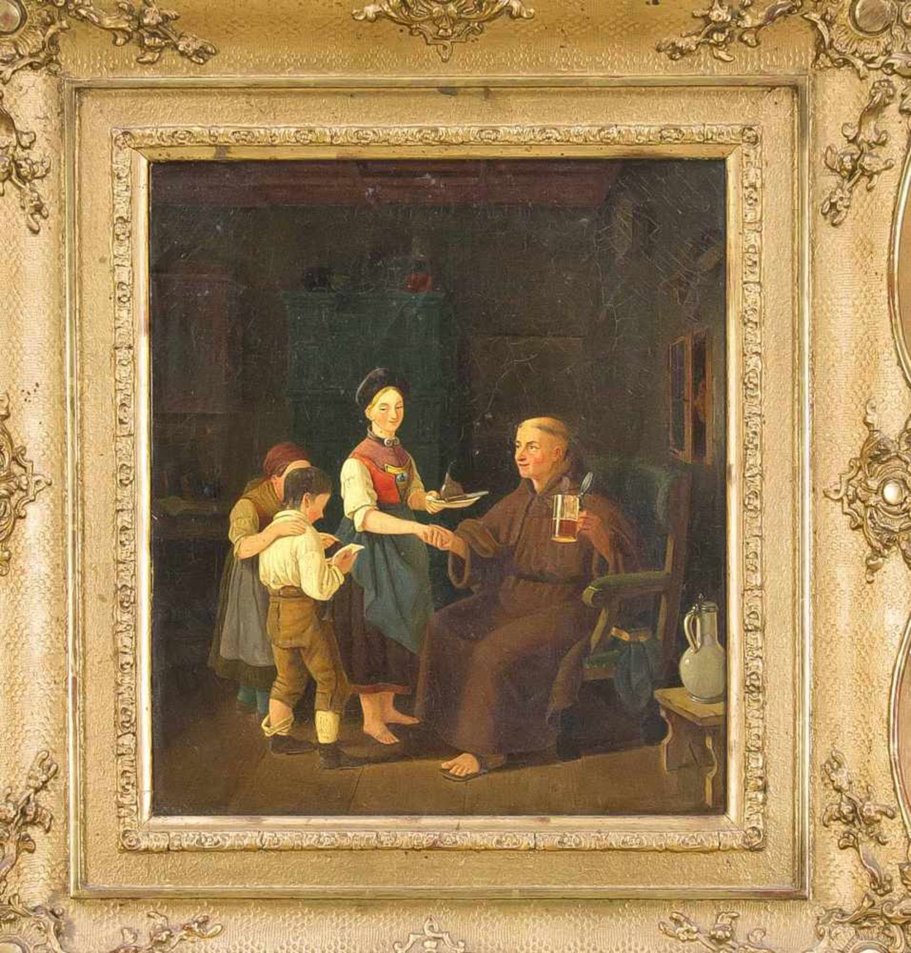 Deutscher Maler um 1840, Interieur mit Mönch, der drei Kinder empfängt, die ihm Speisenbringen.