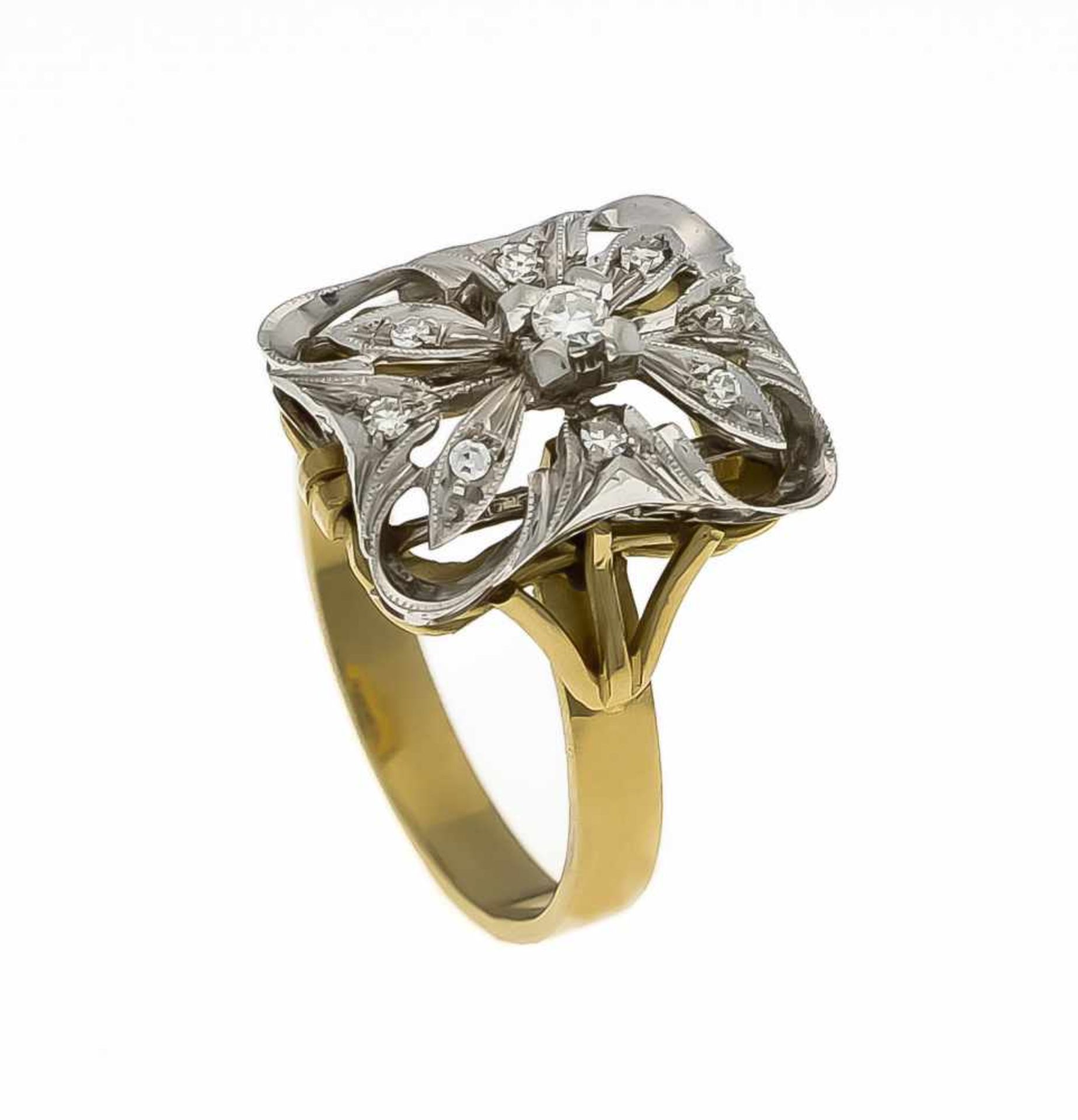 Brillant-Ring GG/WG 750/000 mit einem Brillanten und 8 Diamanten, zus. 0,13 ct W/VS, RG57, 5,8