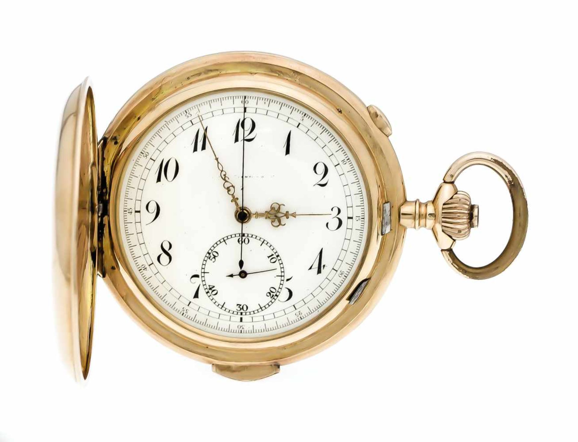 Herrentaschenuhr, GG 585 3 Deckel, 1/4 Std. Repetition und Chronograf, Uhr läuft tadelos,Scharnier