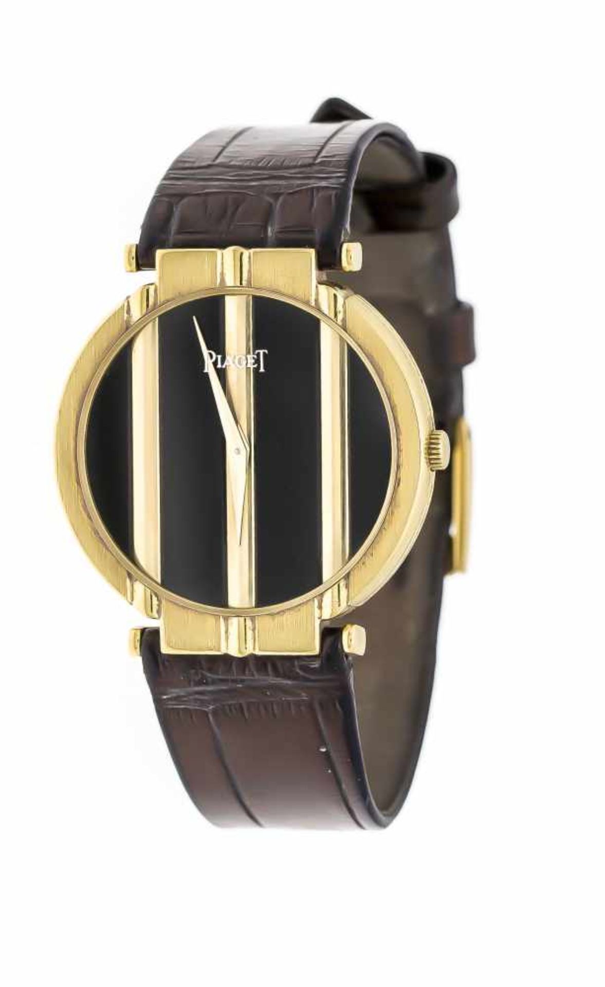 Piaget Herrenuhr Quarz, GG 750/000, Mod. 8673/519070, schwarzes Zifferblatt mit goldenenBalken,