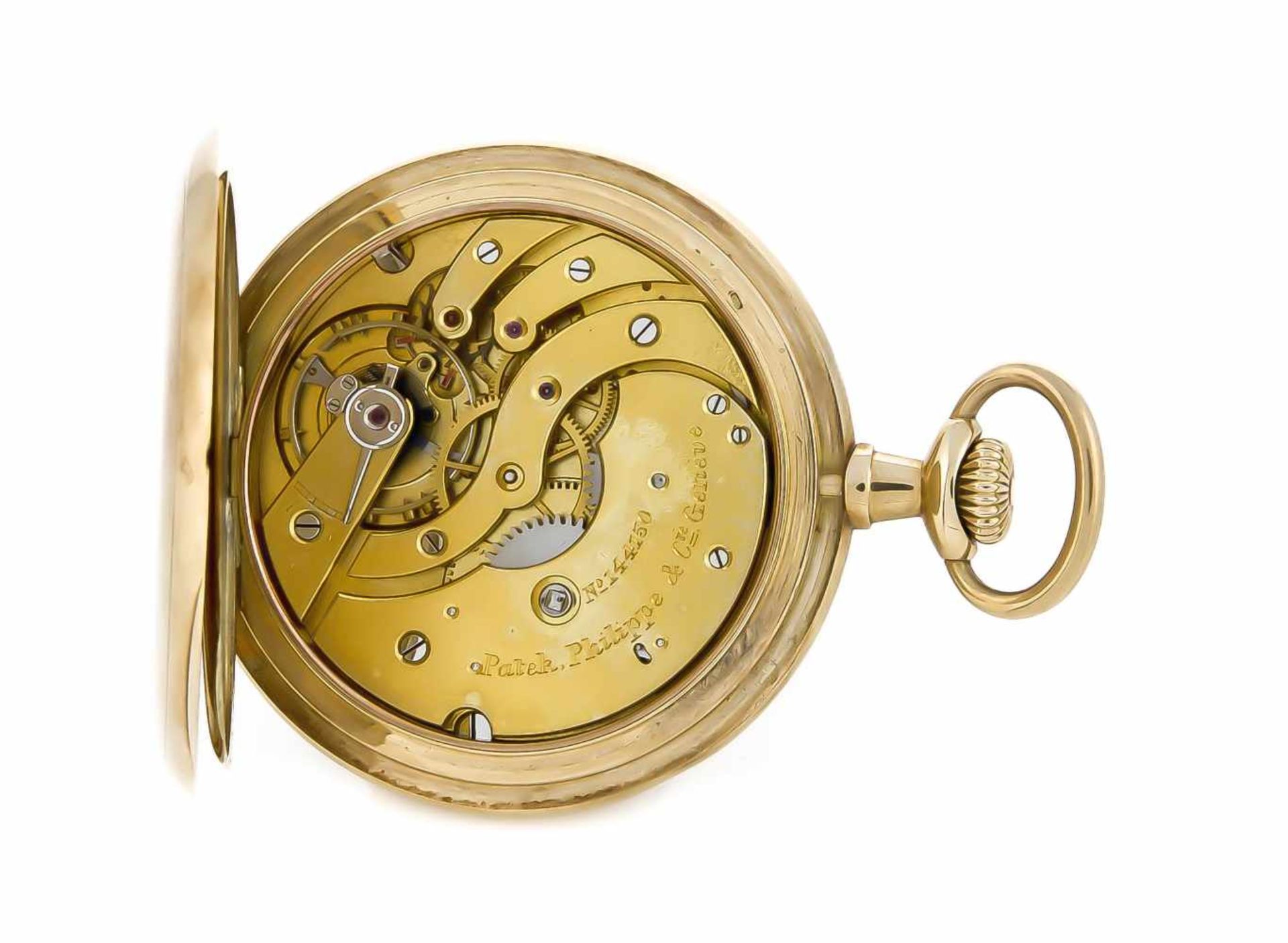 Sprungdeckel, Herrentaschenuhr Patek Philippe Geneve, 585 Gold, 3 Deckel, um 1900, Uhrwerksehr gut - Bild 2 aus 4