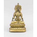 Weiße Tara, Sino-Tibetisch, 18./19. Jh., Bronze vergoldet. Im Padmasana auf doppeltemLotosthron. Den