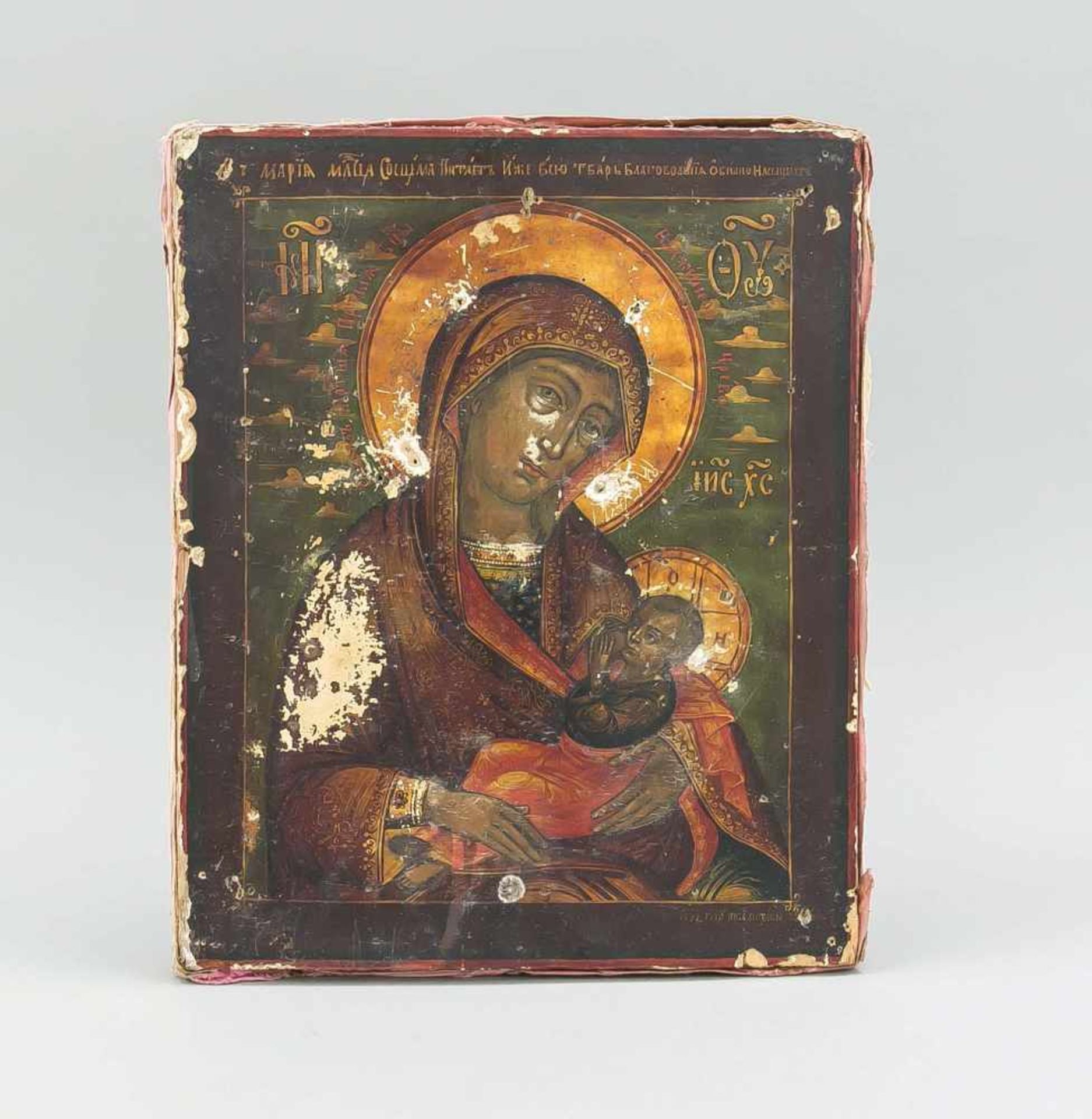 Ikone der Mutter Gottes, Russland, 19. Jh., Pigmente/Tempera auf Kreidegrund, Silberoklad(gelöst).