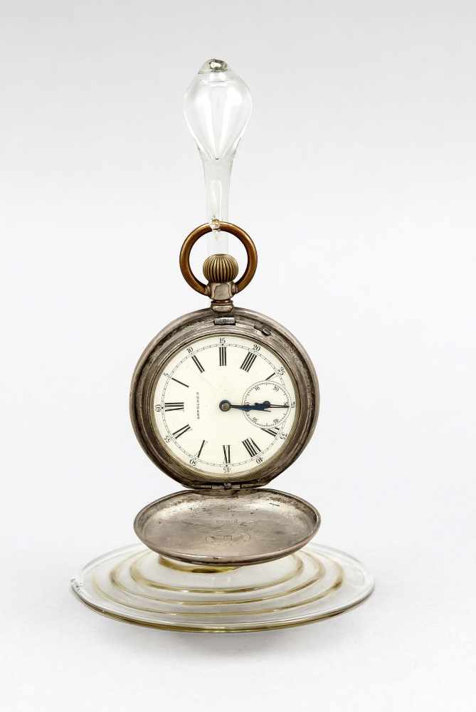 Uhrenständer mundgeblasenes Glas Höhe 14cm, mit 800 er silberner Sprungdeckel TaschenuhrLongines