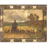 H. Devroll (?), frz. Maler um 1900, Hirte mit seiner Schafherde in herbstlicherLandschaft, Öl/