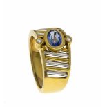 Saphir-Brillant-Ring GG 585/000 mit einem oval fac. Saphir 6 x 5 mm und 2 Brillanten, zus.0,05 ct